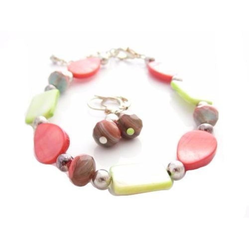 Pink and Light Green Dyed Mother of Pearl Silver Bracelet & Earring Set